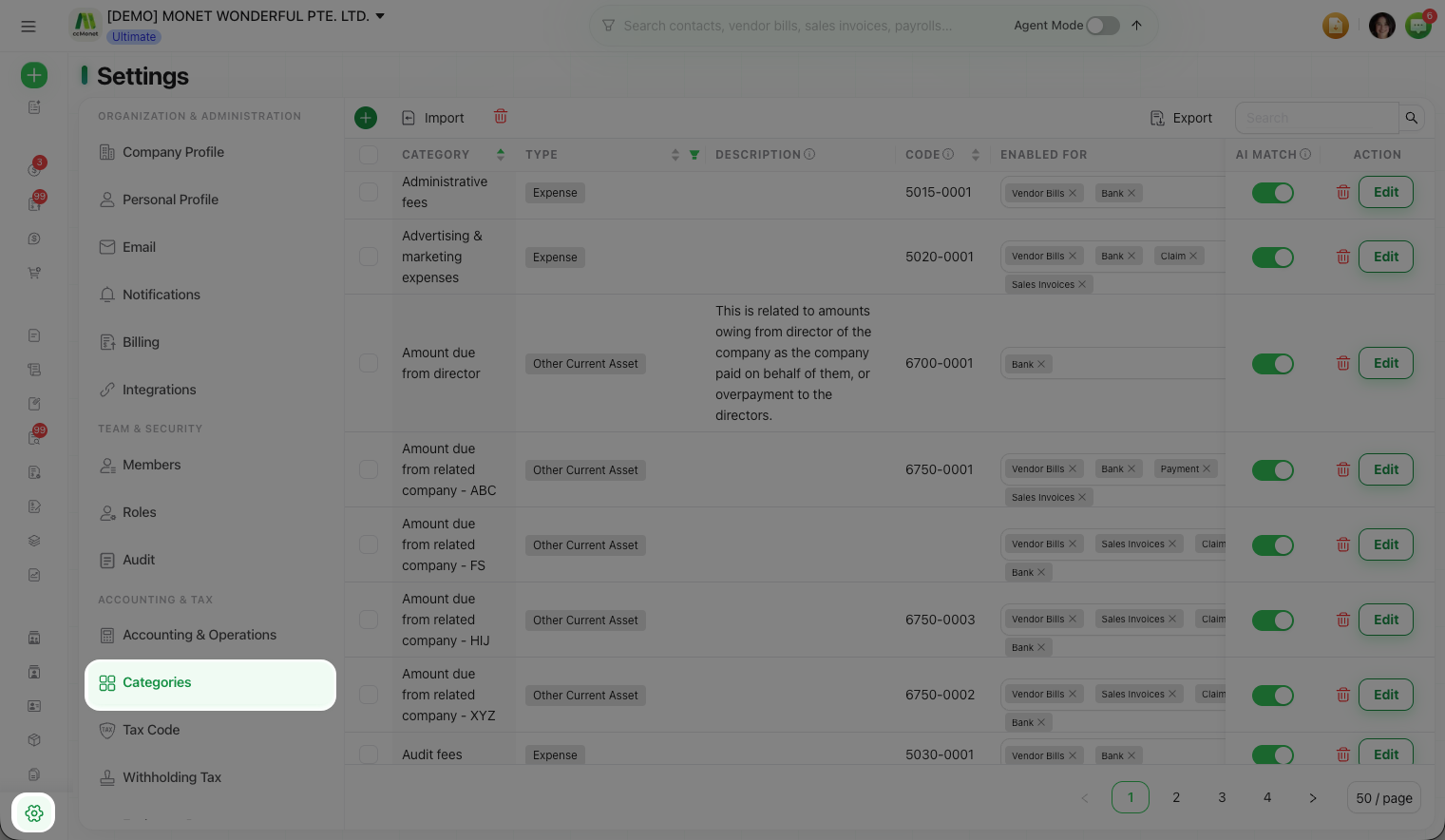 The Categories (Chart of Accounts) table with search and an AI Match option