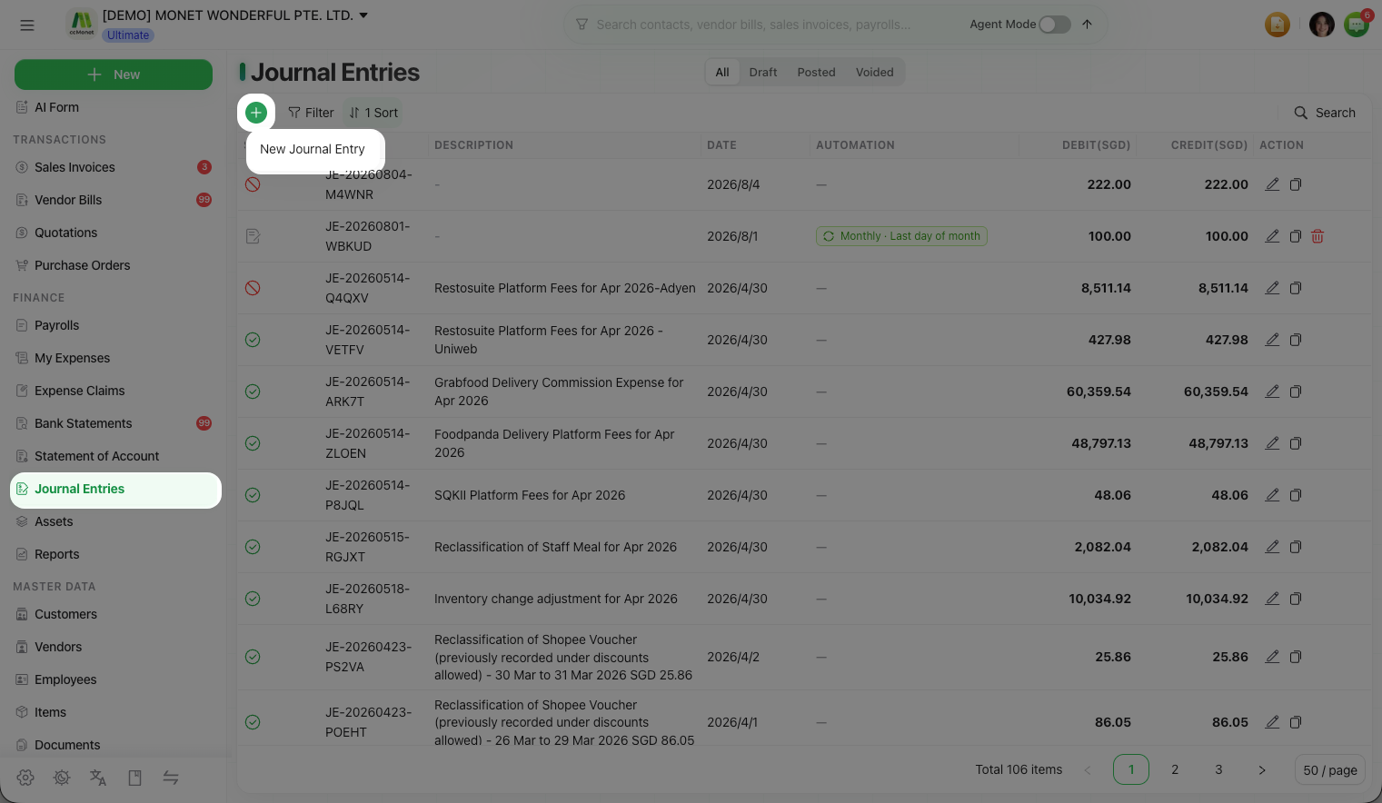 The manual journal entry form with debit and credit lines, categories and a balance total