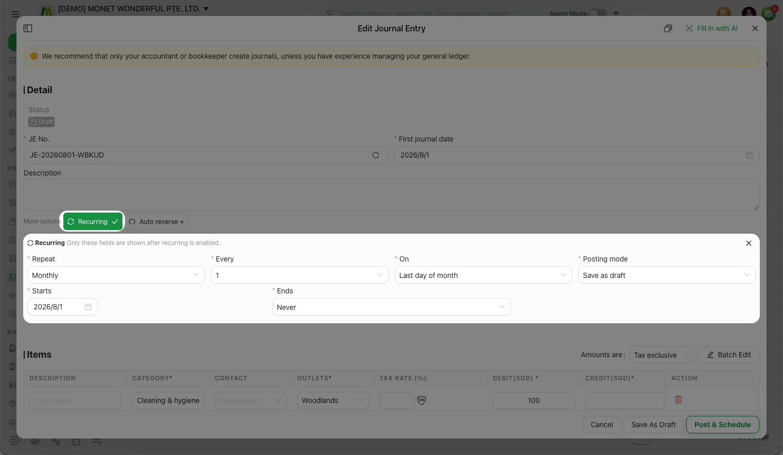 The repeating and automation options on a manual journal
