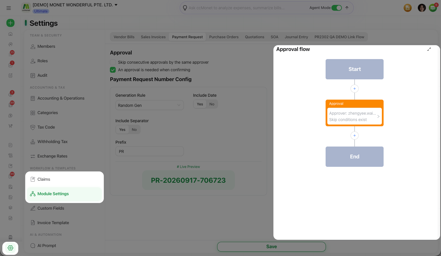 The approval flow builder showing start, approval steps, a conditional branch and end