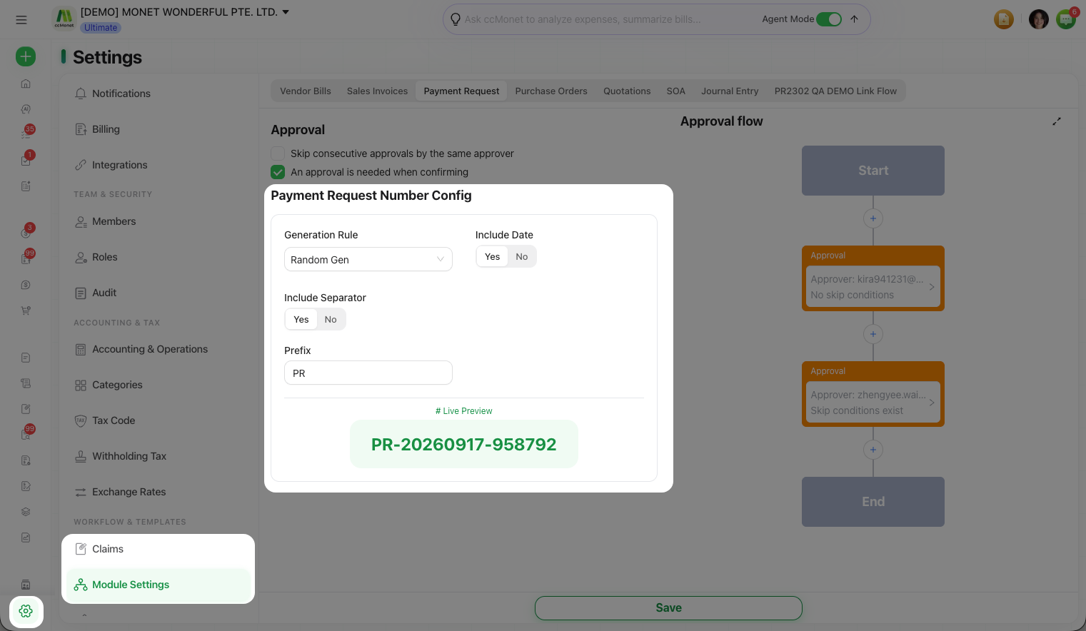 The numbering rule editor with prefix, date, separator and a live preview
