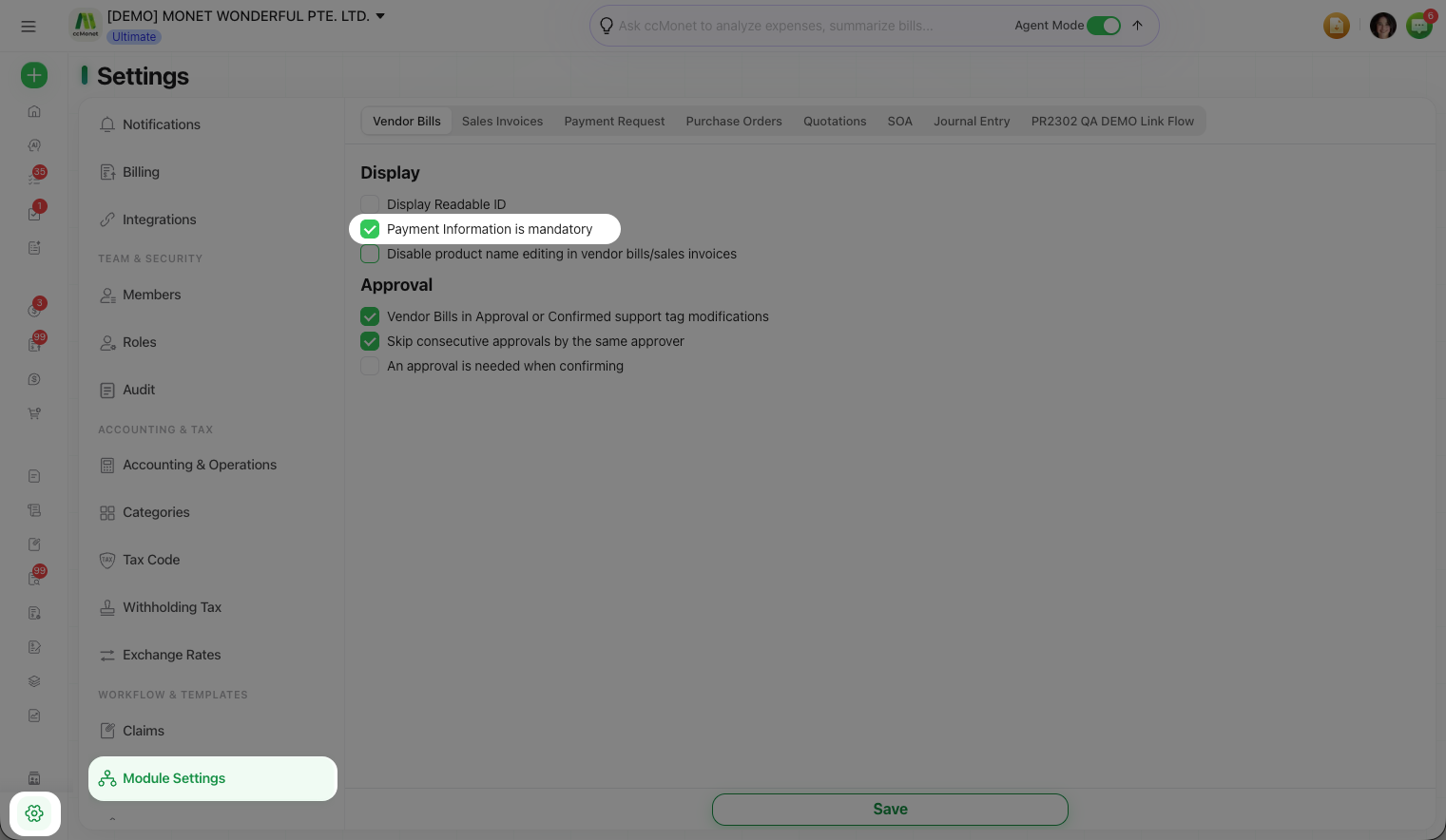 The Vendor Bills Display settings with the payment-information-mandatory checkbox
