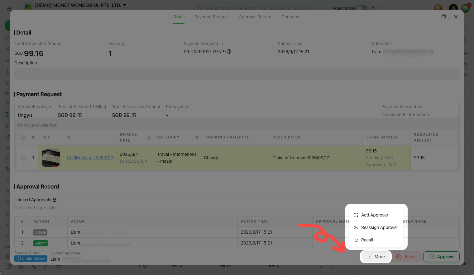 The reassign panel with an approver picker and a note field