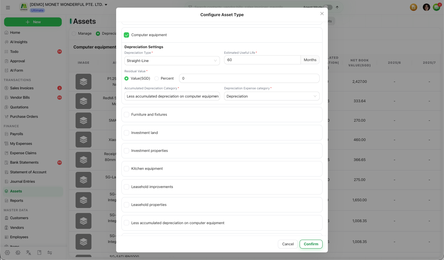 The Configure Asset Type modal with a category ticked and its depreciation template fields