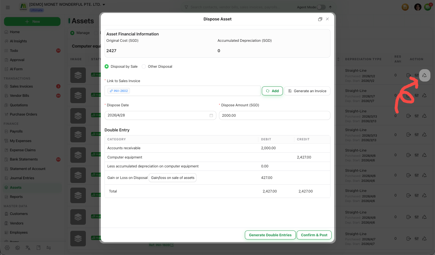 The Dispose Assets drawer with sale and other disposal options, dispose date and amount