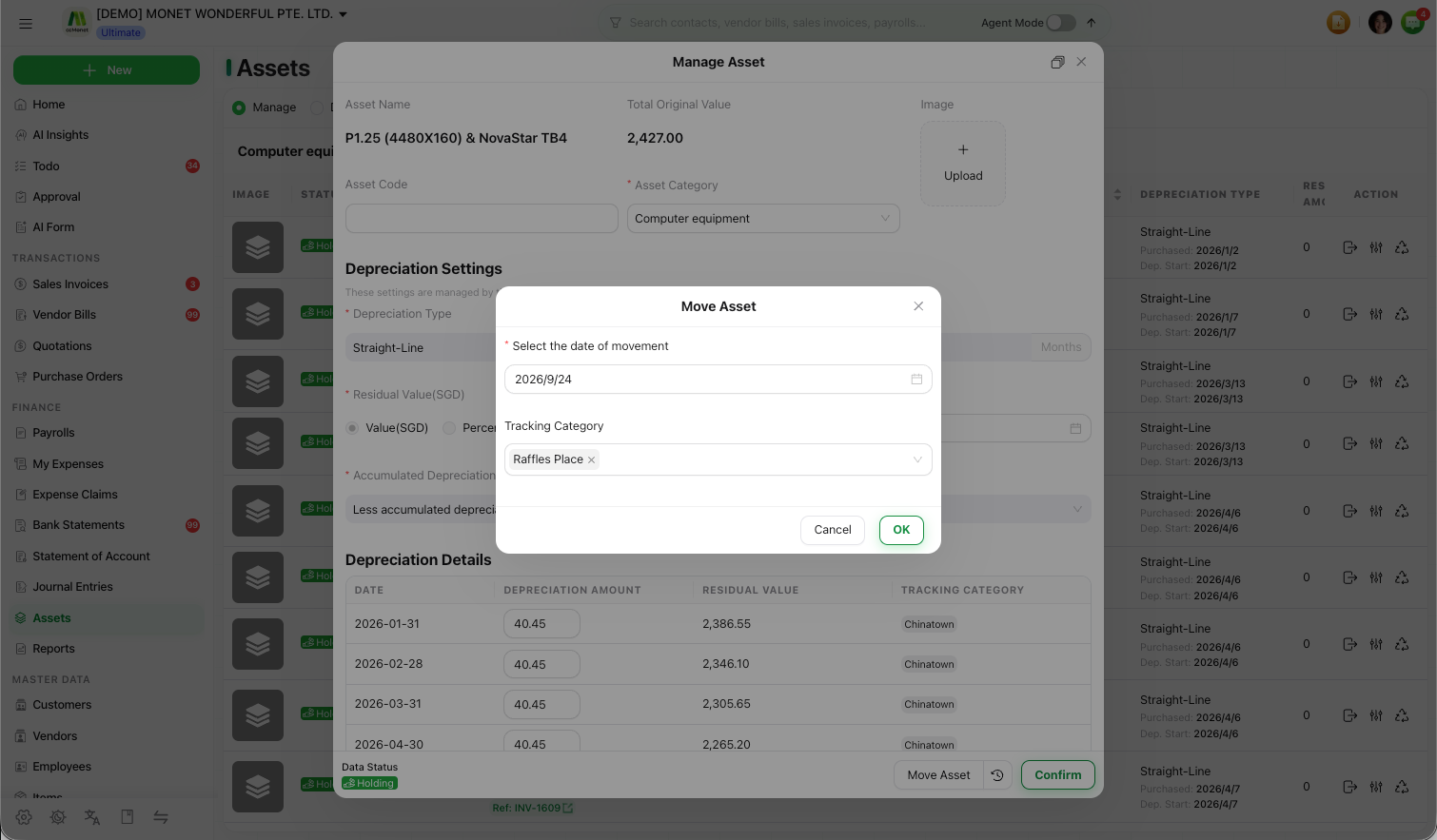 The Move History showing an asset's tracking-category movements with dates