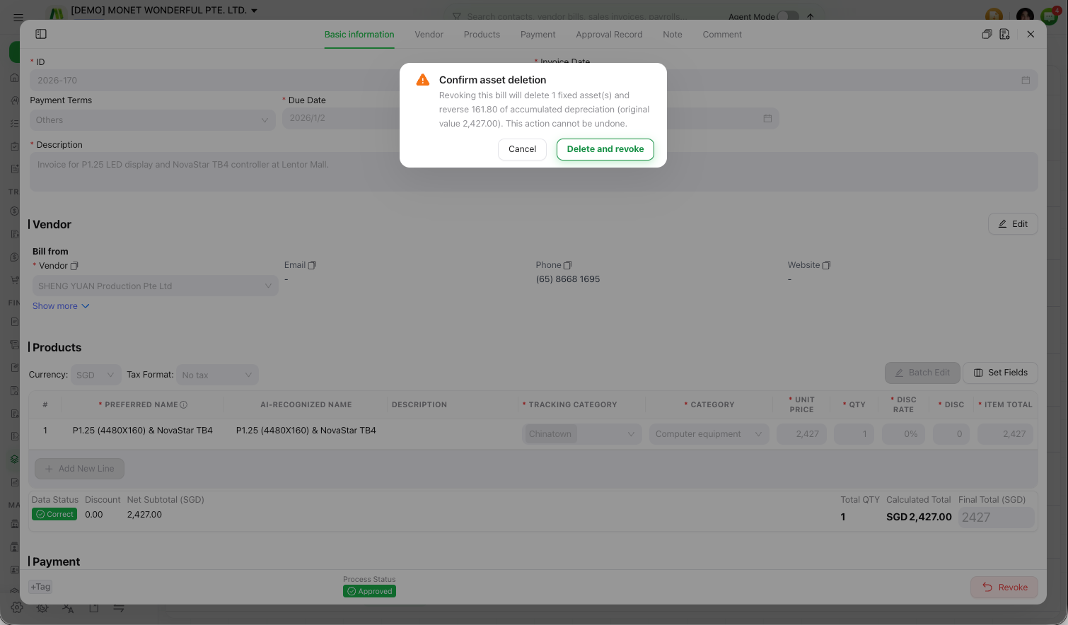 The Confirm asset deletion dialog showing asset count, depreciation to reverse, and flagged disposed or moved assets