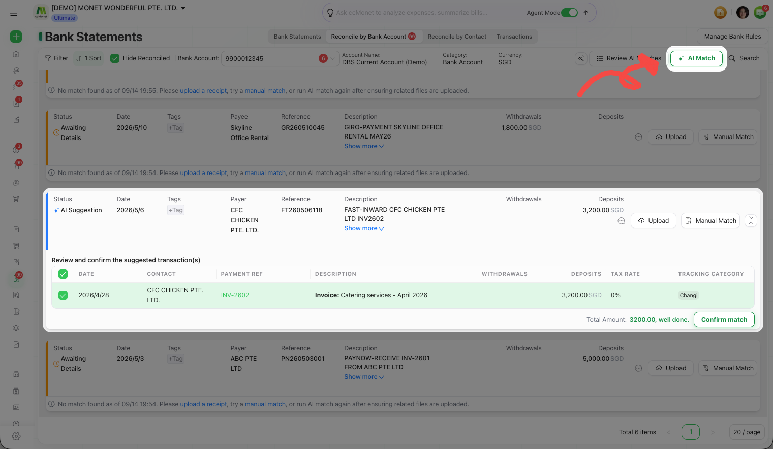 Screenshot from the ccMonet user guide: bank transaction AI Match suggestions with confirmation and rejection actions