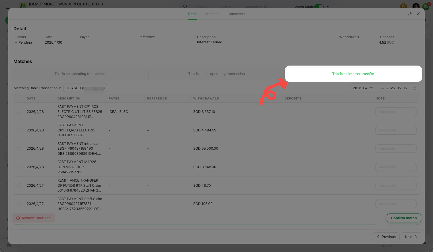 Pairing a transfer with the matching transaction on another account