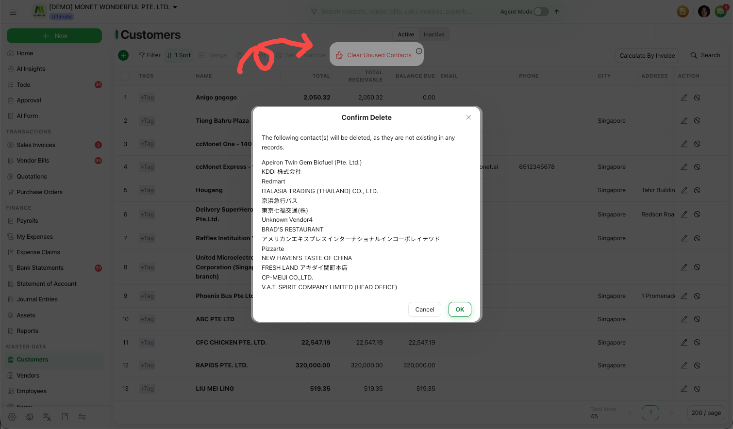 The Clear Unused Contacts dialog listing contacts with no linked records