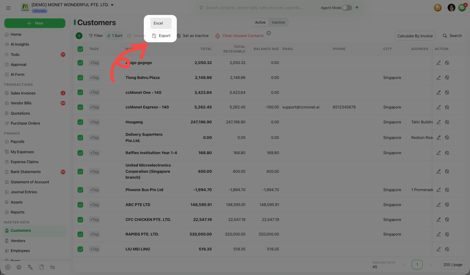 The Export action on the contacts list