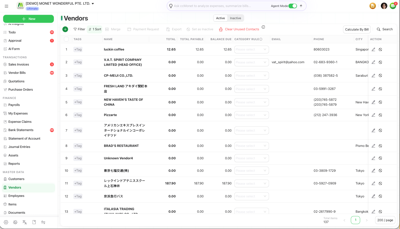 The customers list showing name, category, contact details and tags