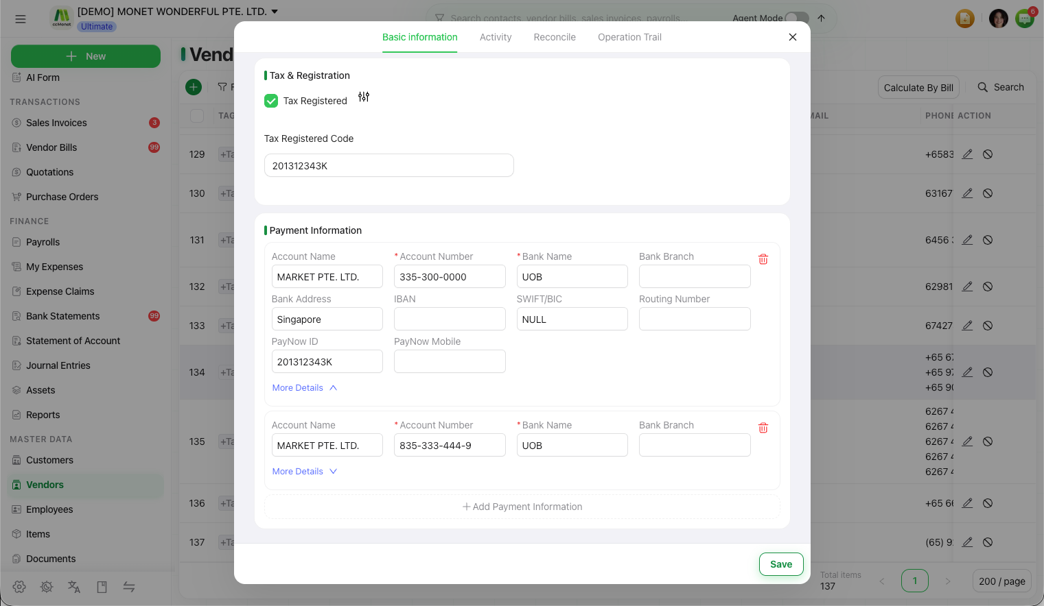 The payment information editor on a vendor contact