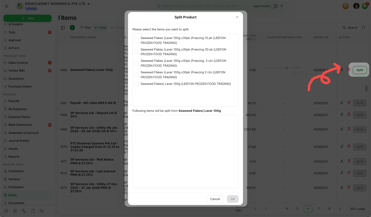 The product split dialog separating grouped names into distinct products