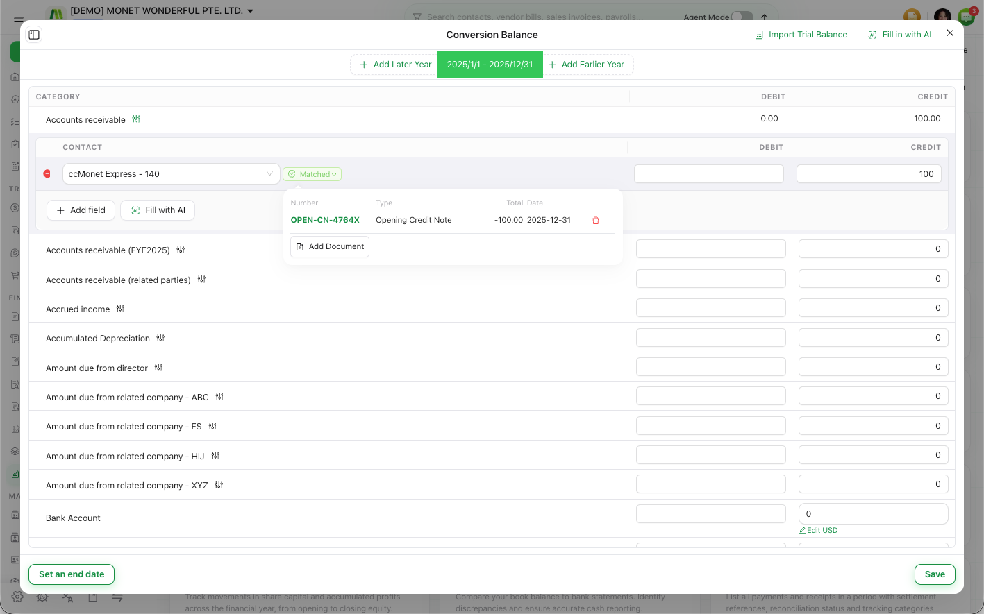 Supporting a contact balance with an opening document to achieve ”Matched” status.