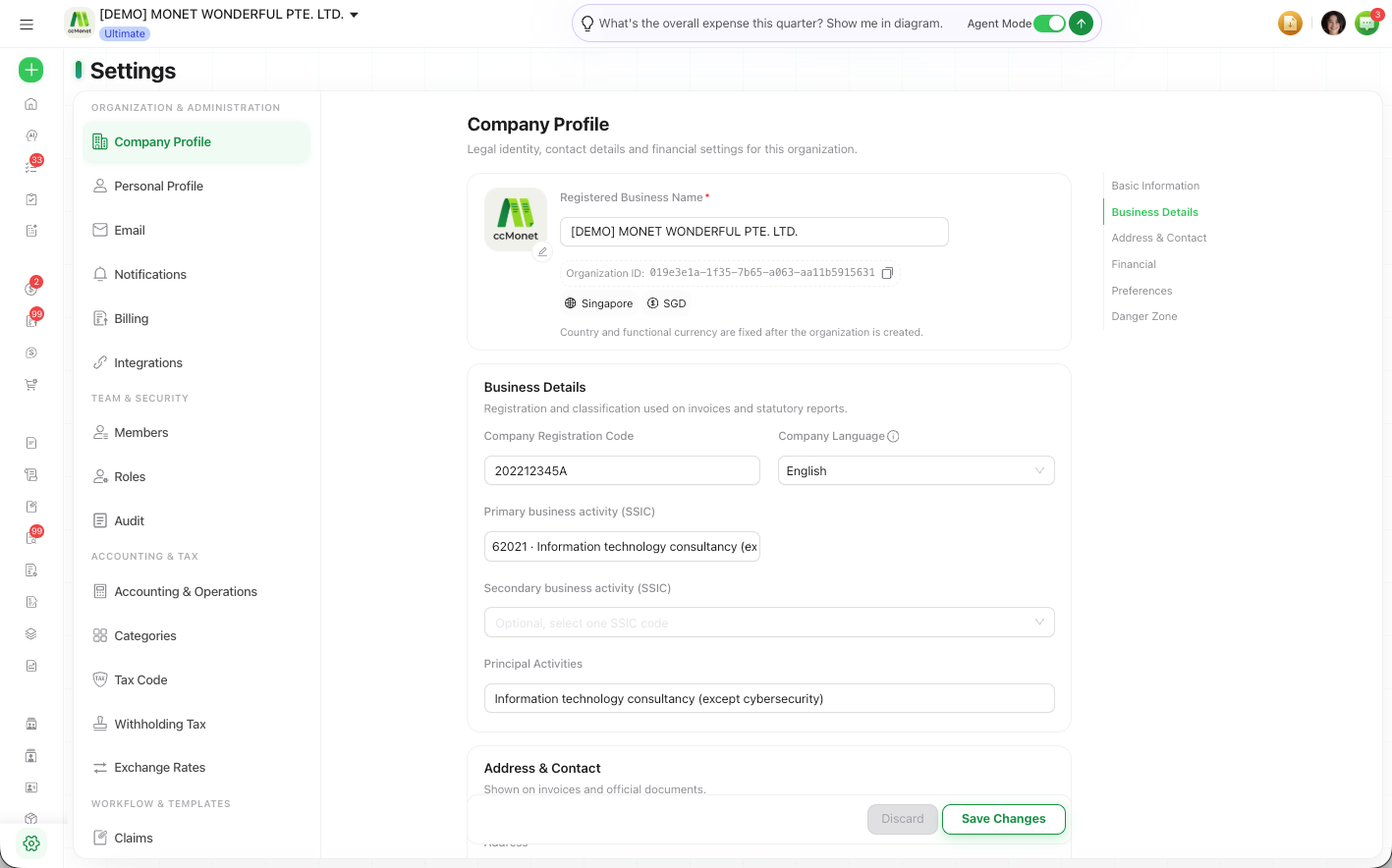 The Company Profile settings form showing business details, functional currency and fiscal year end