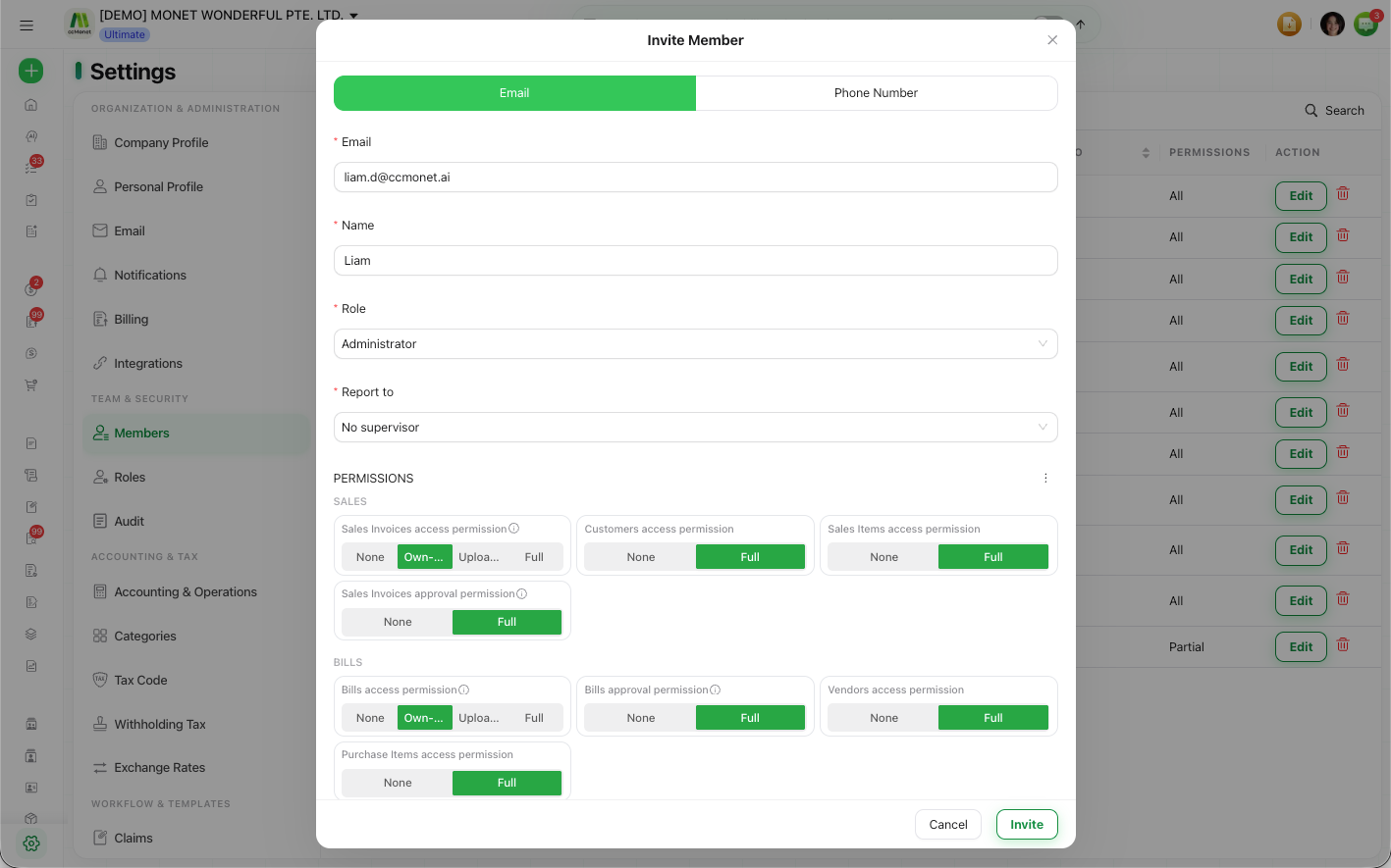The Members settings with an invite form for email and role