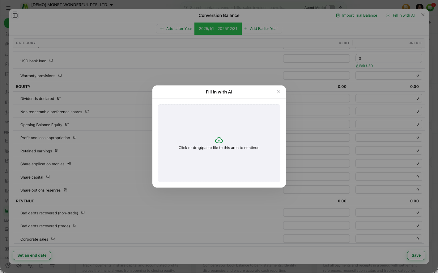 The Conversion Balance setup with a conversion date, per-account balances and a balance check