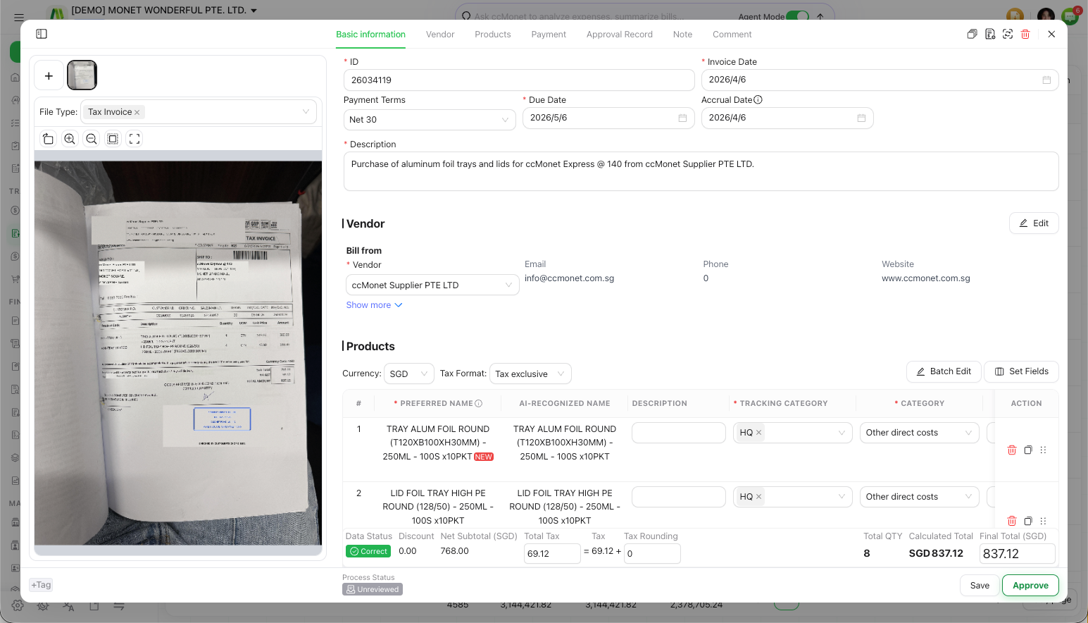 Screenshot from the ccMonet user guide: captured vendor bill with source preview, extracted fields and editable line items