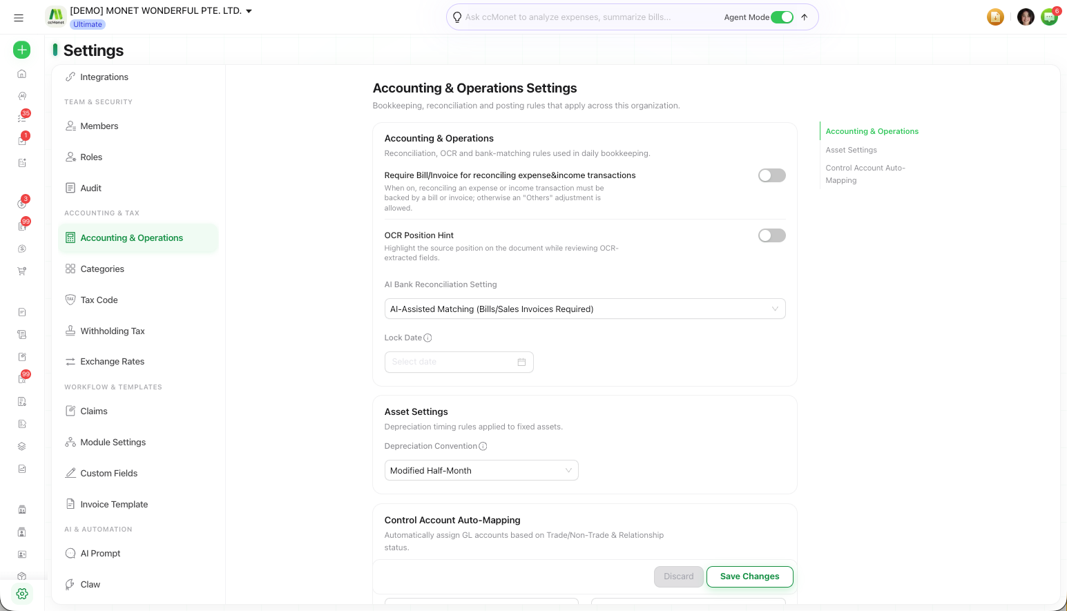 The Accounting & Operations tab showing lock date, depreciation convention and reconciliation rule settings