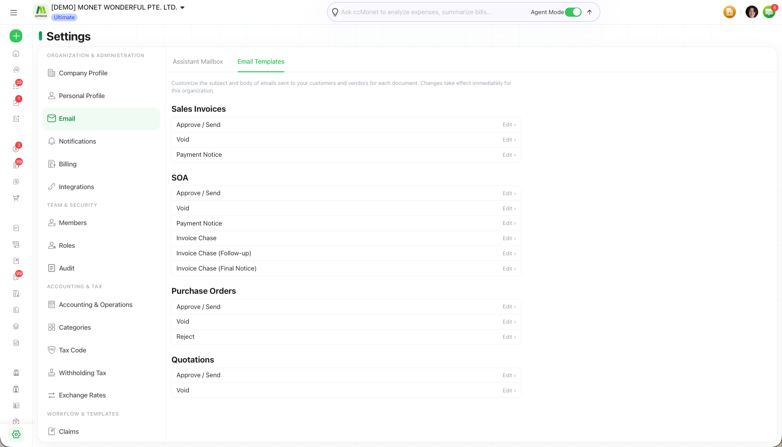The Email Templates editor with subject, body, an insert-variable control and a live preview