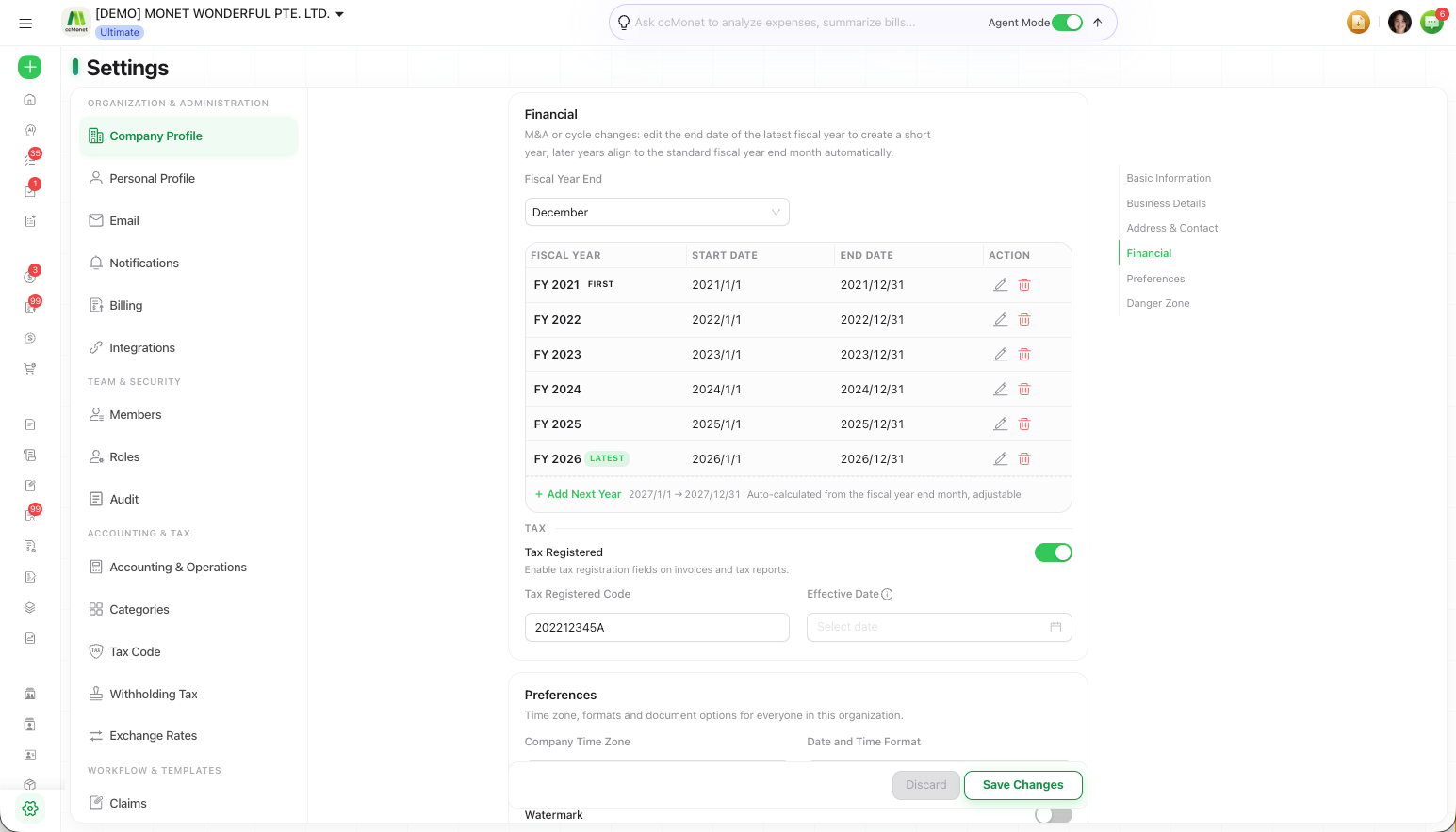 The company settings showing functional currency and fiscal year end fields