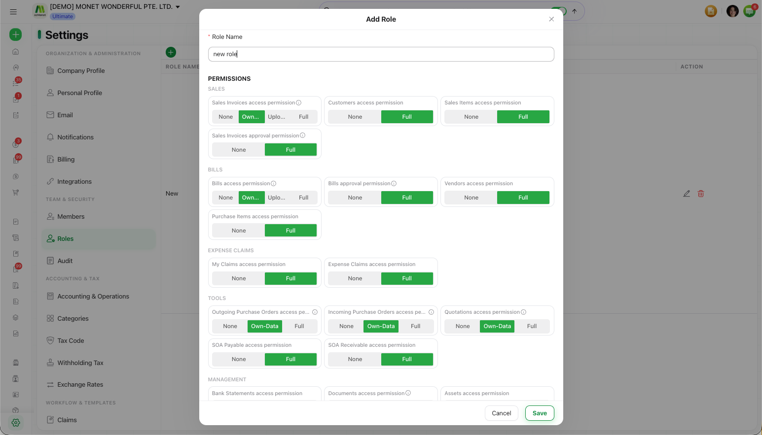 The Roles settings showing a custom role with per-module access and approval permissions